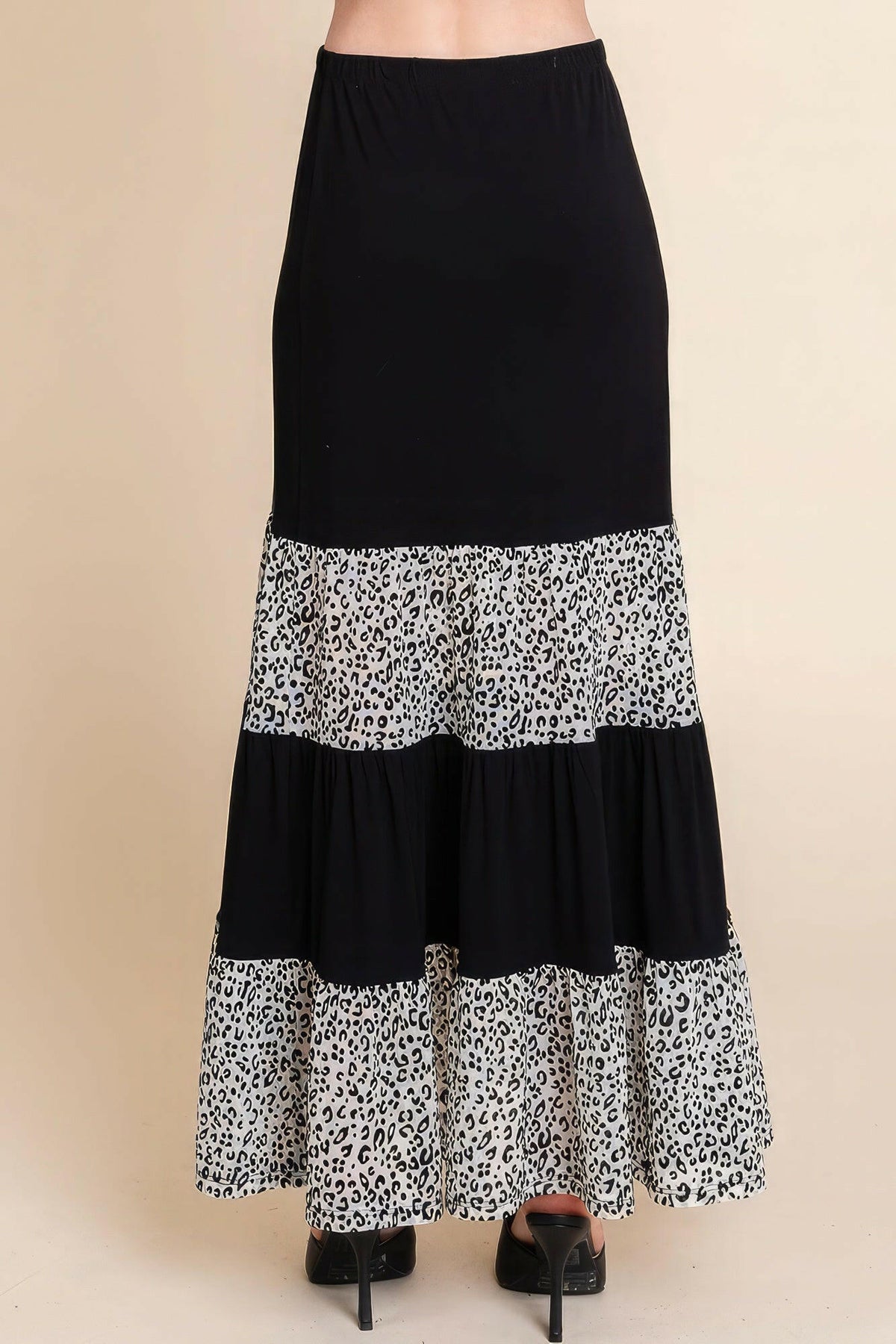 Long Tiered Contrast Fashion Skirt With Velvet Animal Print Mesh.