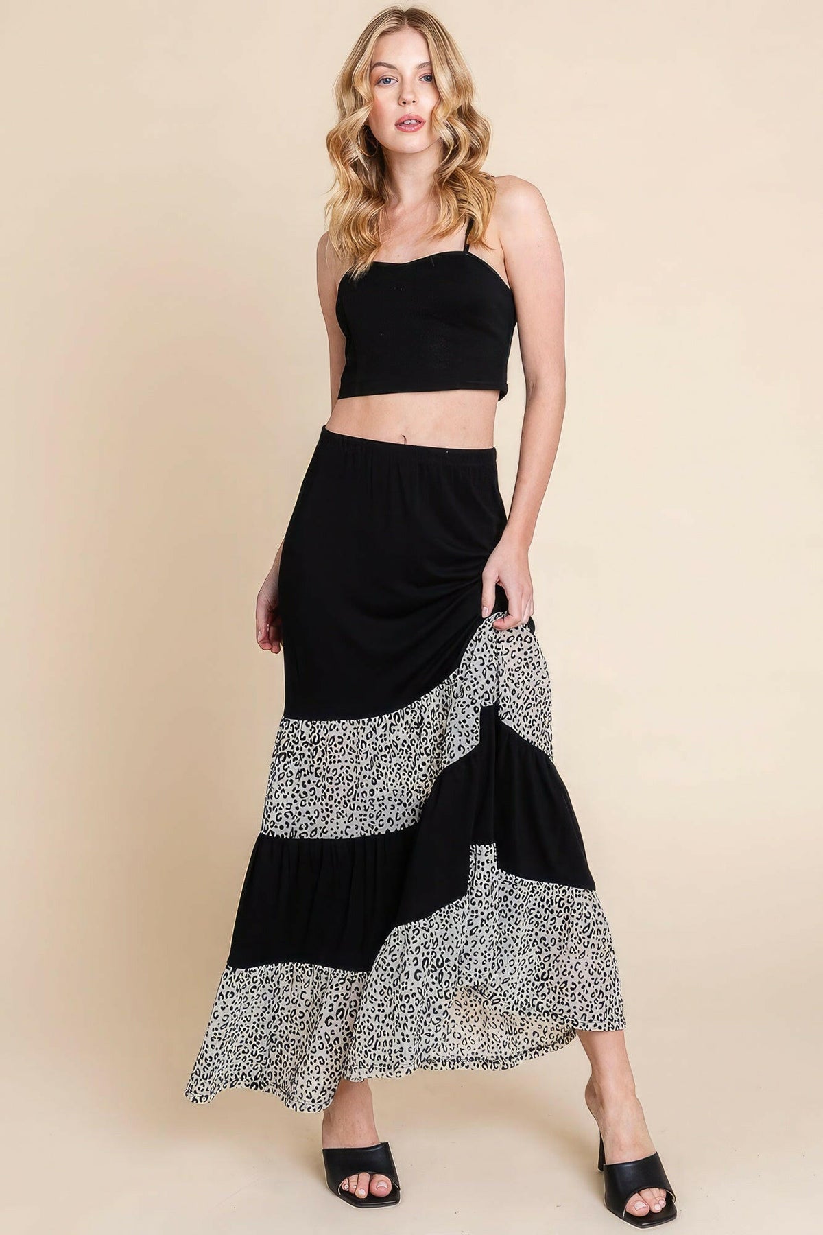 Long Tiered Contrast Fashion Skirt With Velvet Animal Print Mesh.