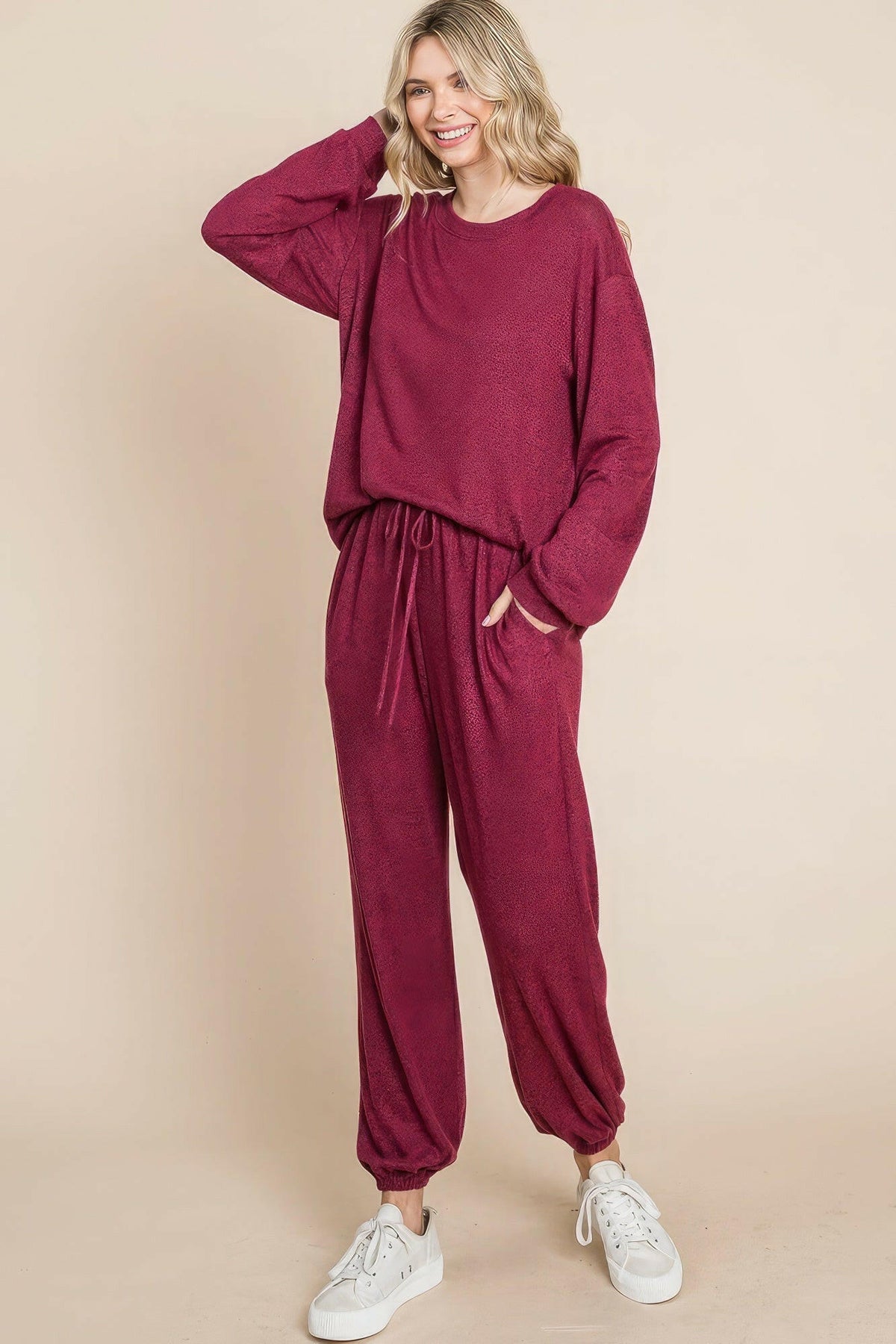 Two Tone Solid Warm And Soft Hacci Brush Loungewear Set.