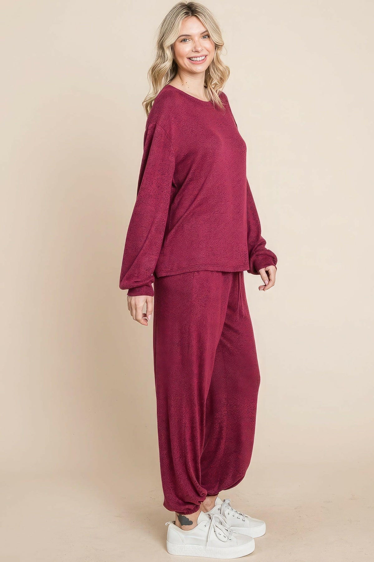 Two Tone Solid Warm And Soft Hacci Brush Loungewear Set.