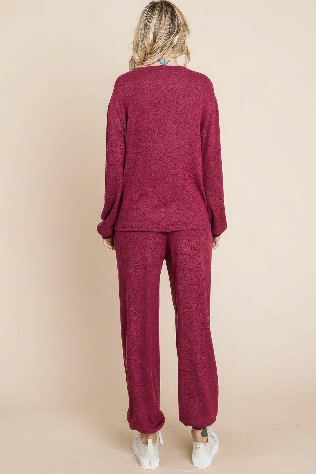 Two Tone Solid Warm And Soft Hacci Brush Loungewear Set.