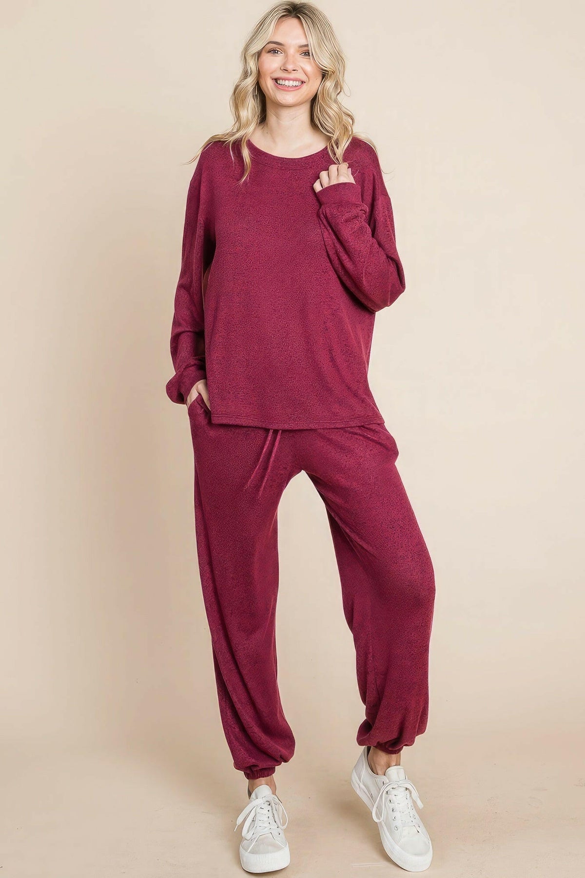 Two Tone Solid Warm And Soft Hacci Brush Loungewear Set.