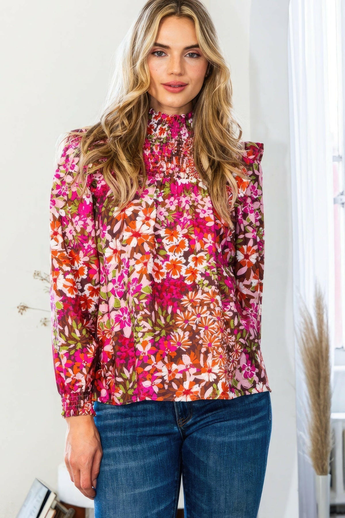 Floral Mock Neck Smocked Yoke Blouse.