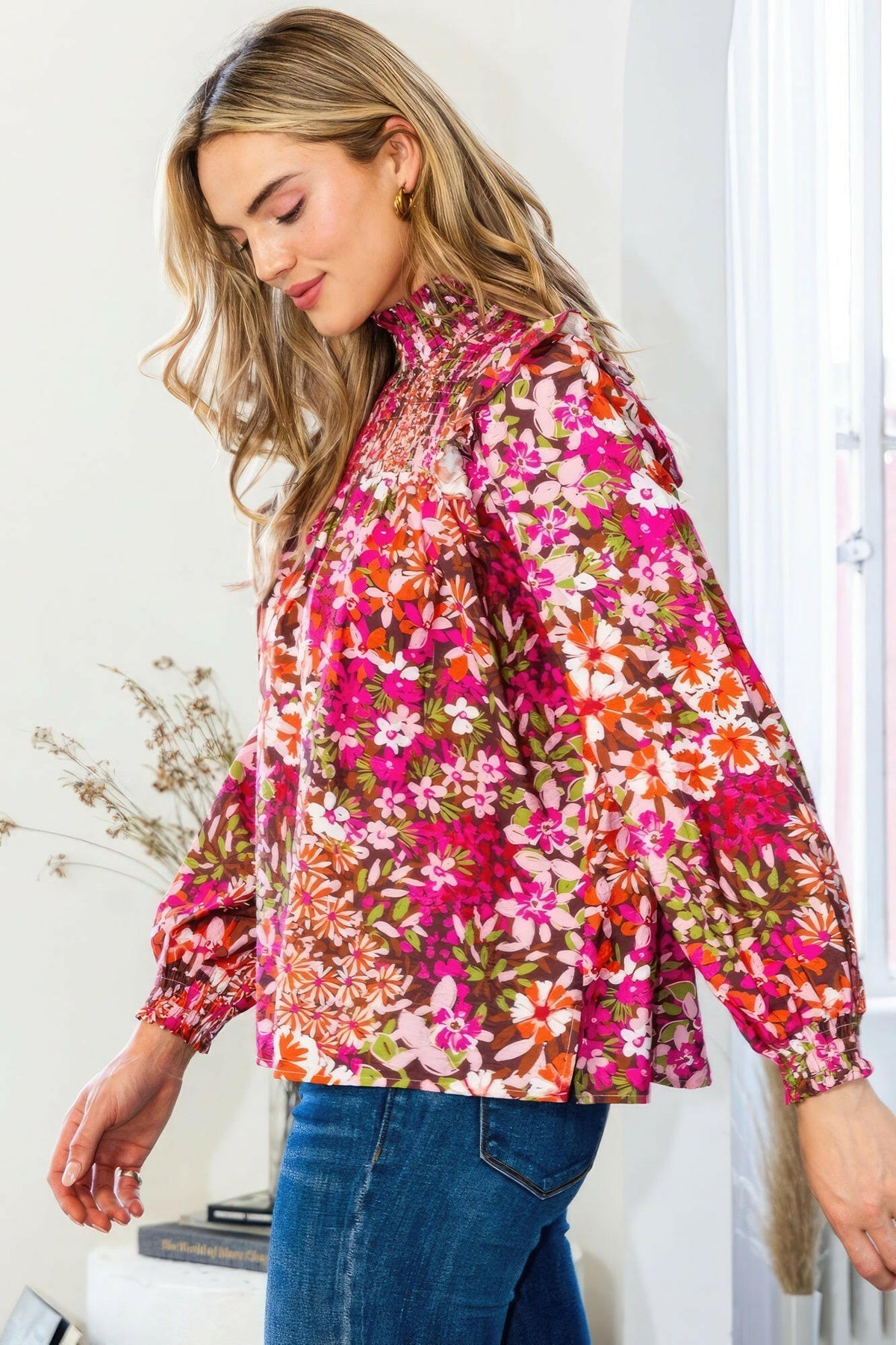 Floral Mock Neck Smocked Yoke Blouse.