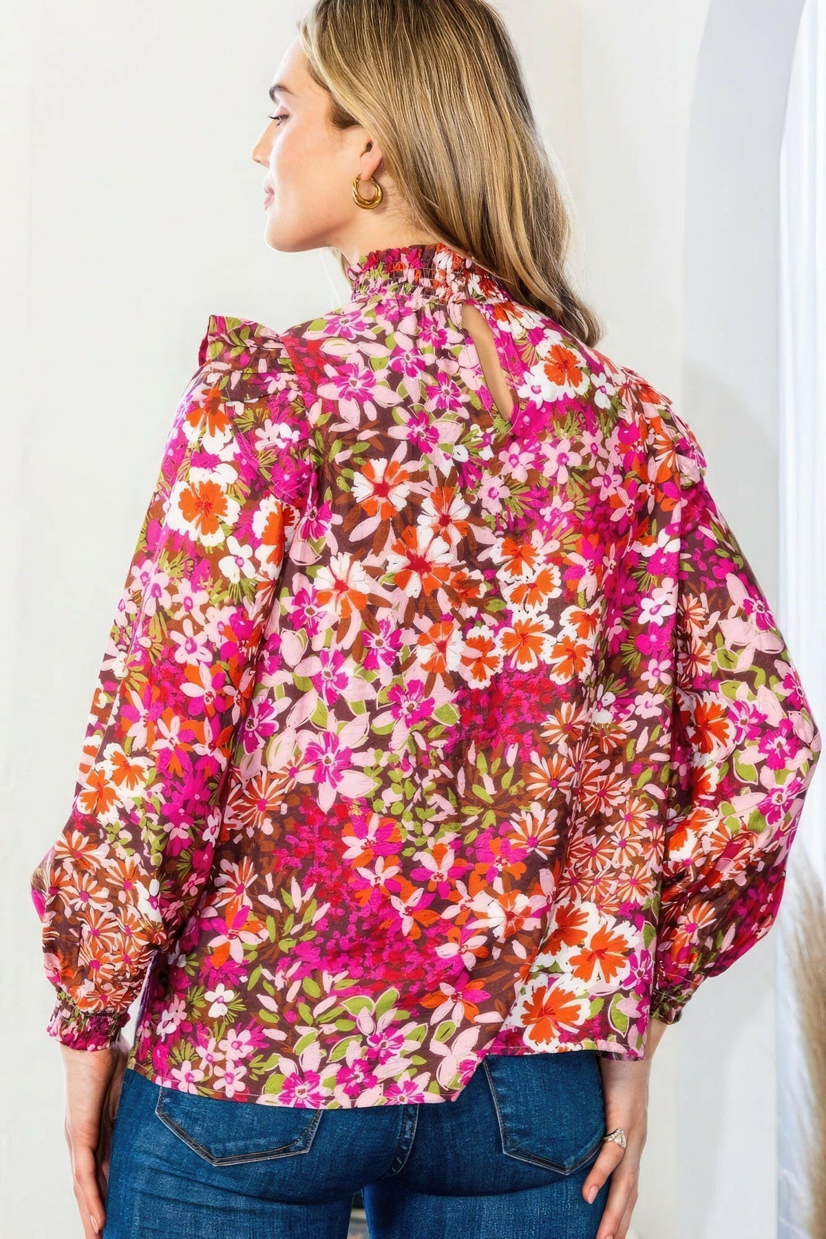 Floral Mock Neck Smocked Yoke Blouse.