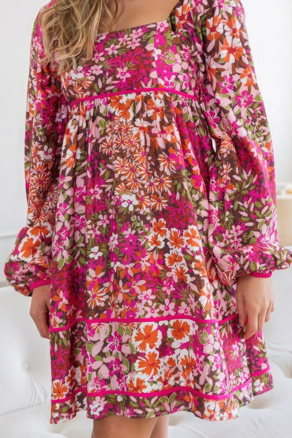 Floral Square Neckline Mini Dress.