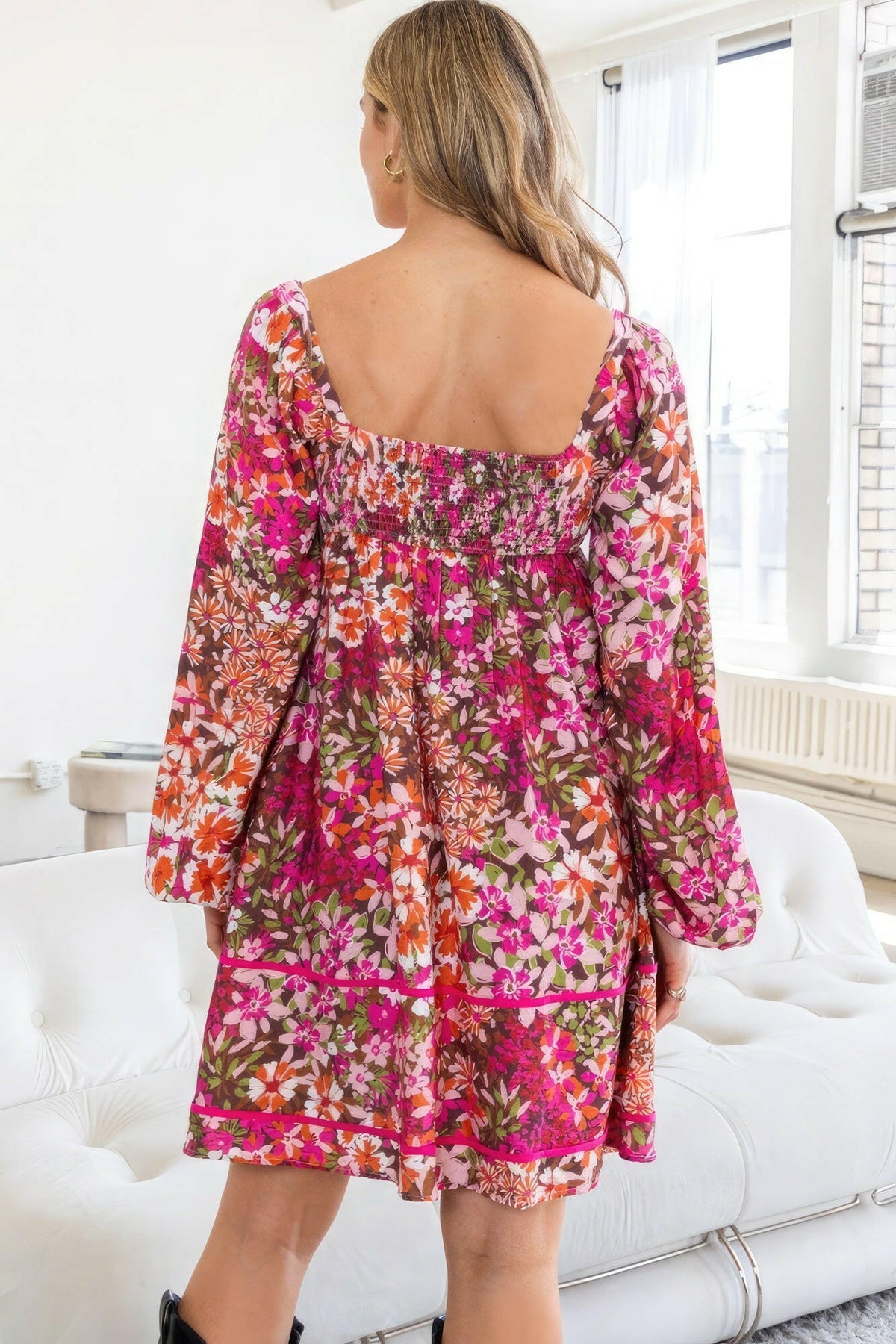 Floral Square Neckline Mini Dress.