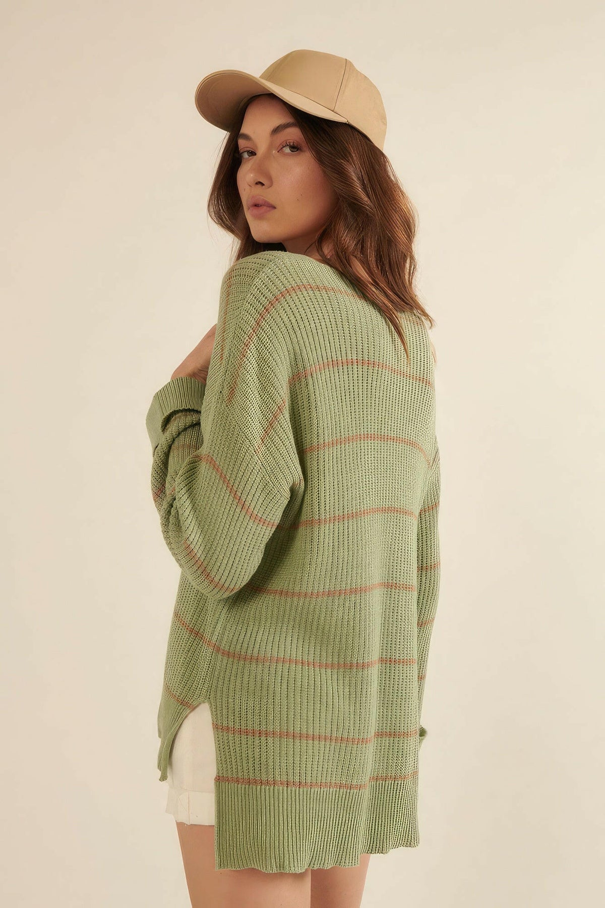 Striped Rib-knit Oversized Pocket Sweater.