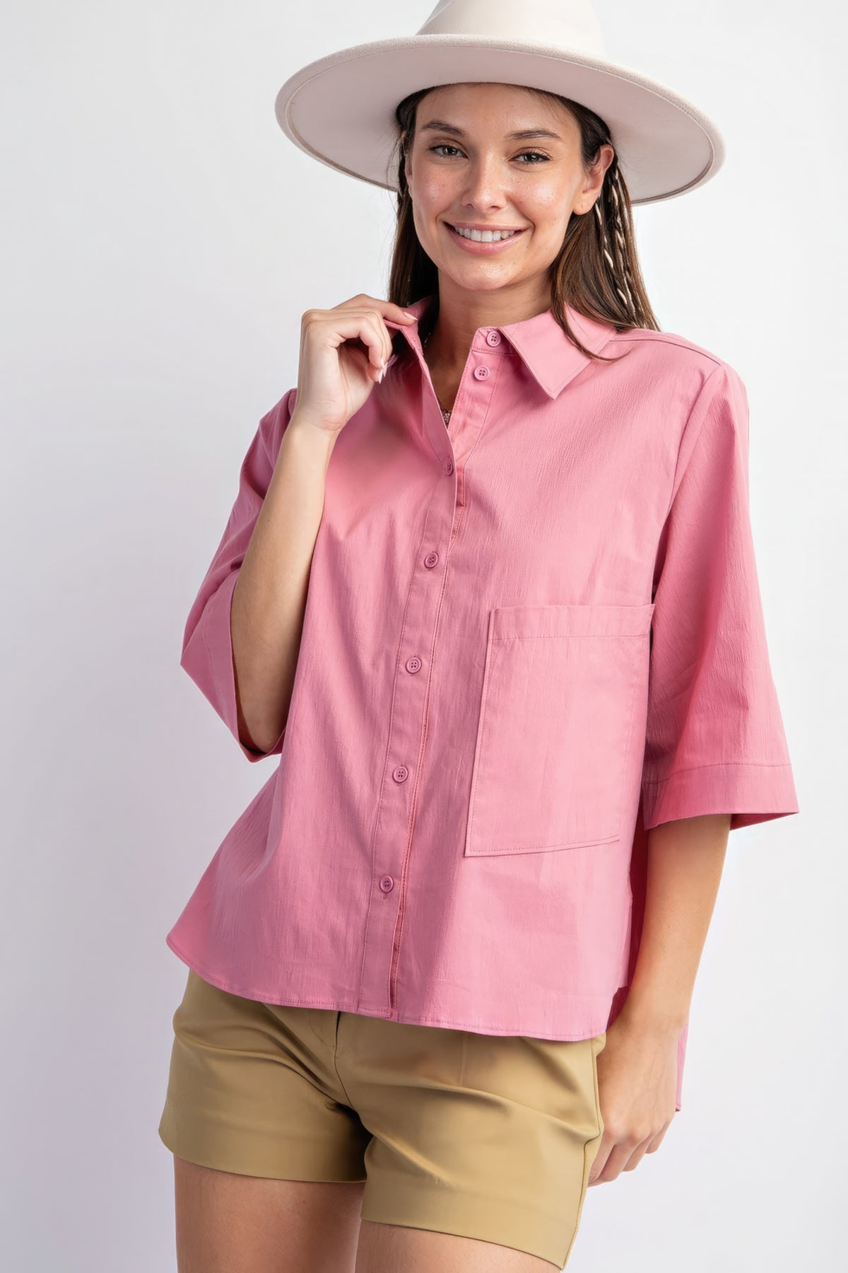 Half Slvs Stretch Poplin Button Down Shirt.