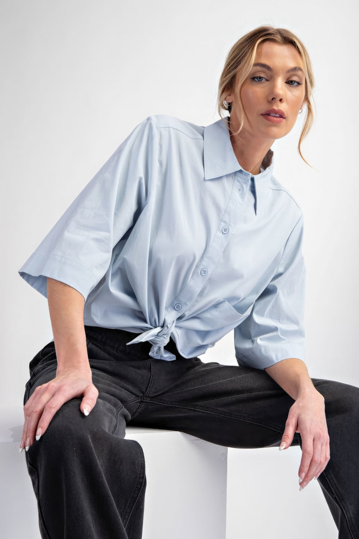 Half Slvs Stretch Poplin Button Down Shirt.