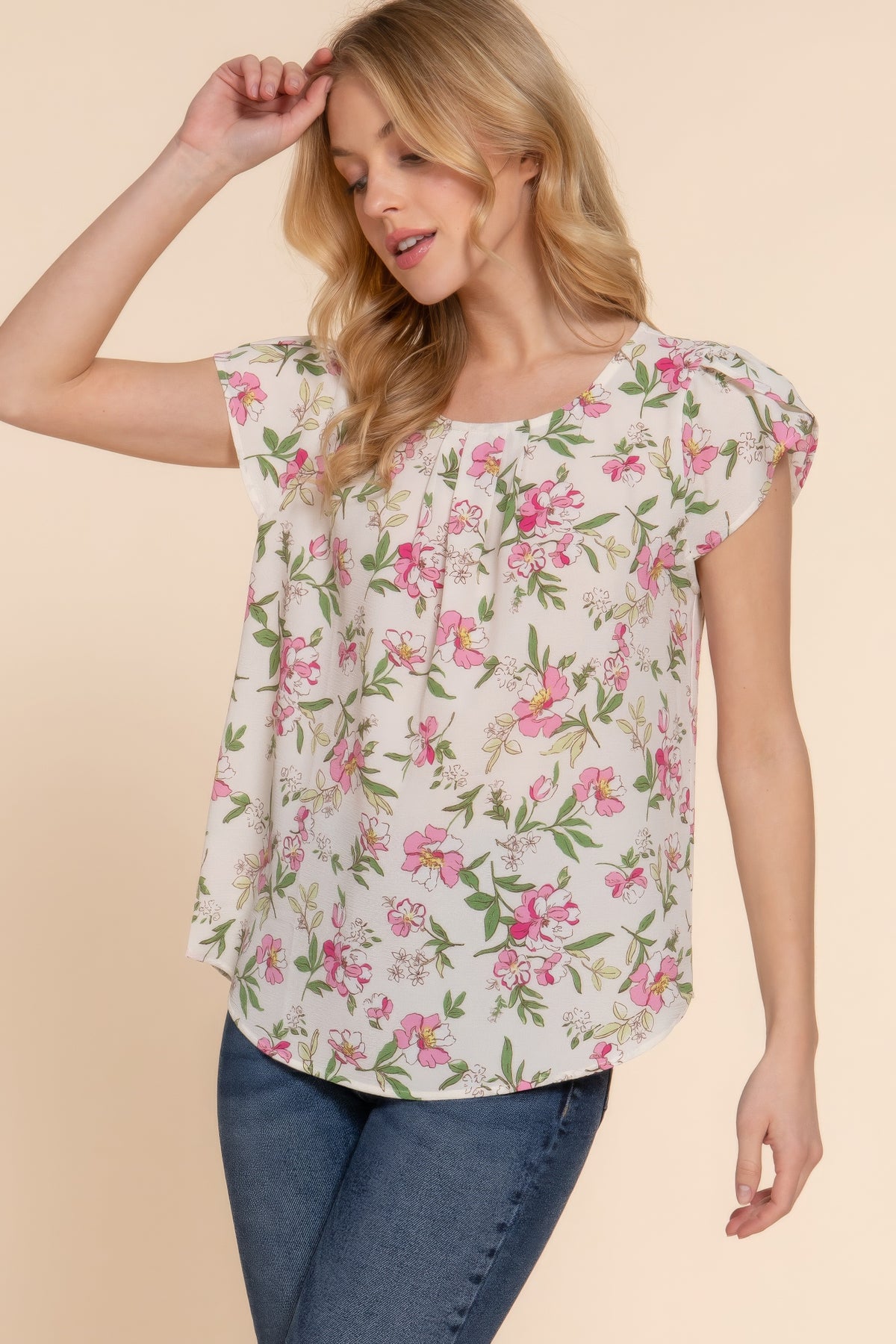 Short Tulip Slv Floral Print Woven Top