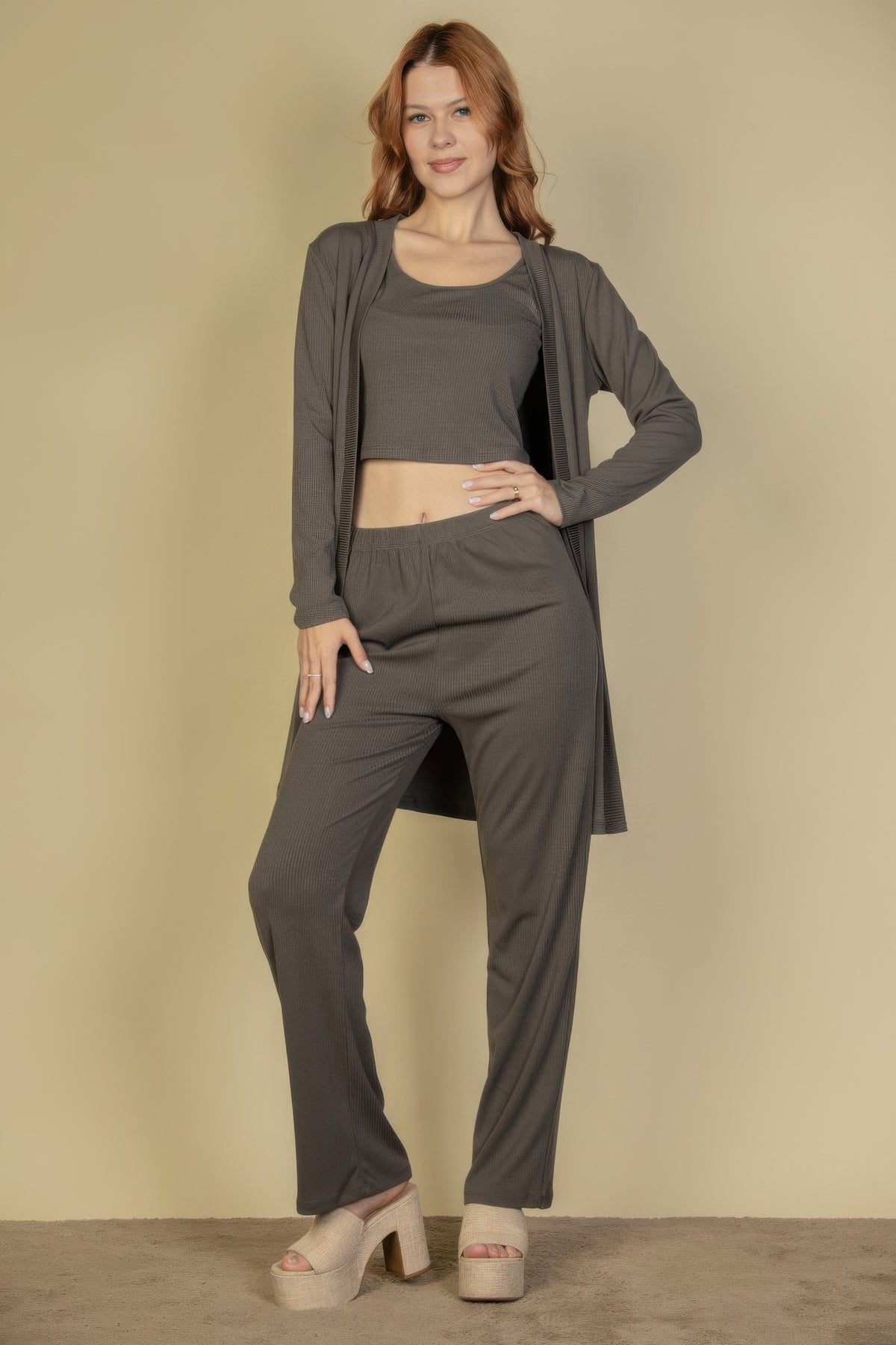 Flat Back Rib 3 Pieces Cami Top With Pants And Long Cardigan Set